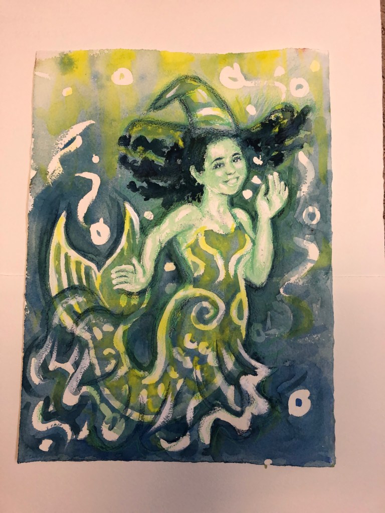 Charcoal drawing of an African American mermaid wearing a witch’s hat.