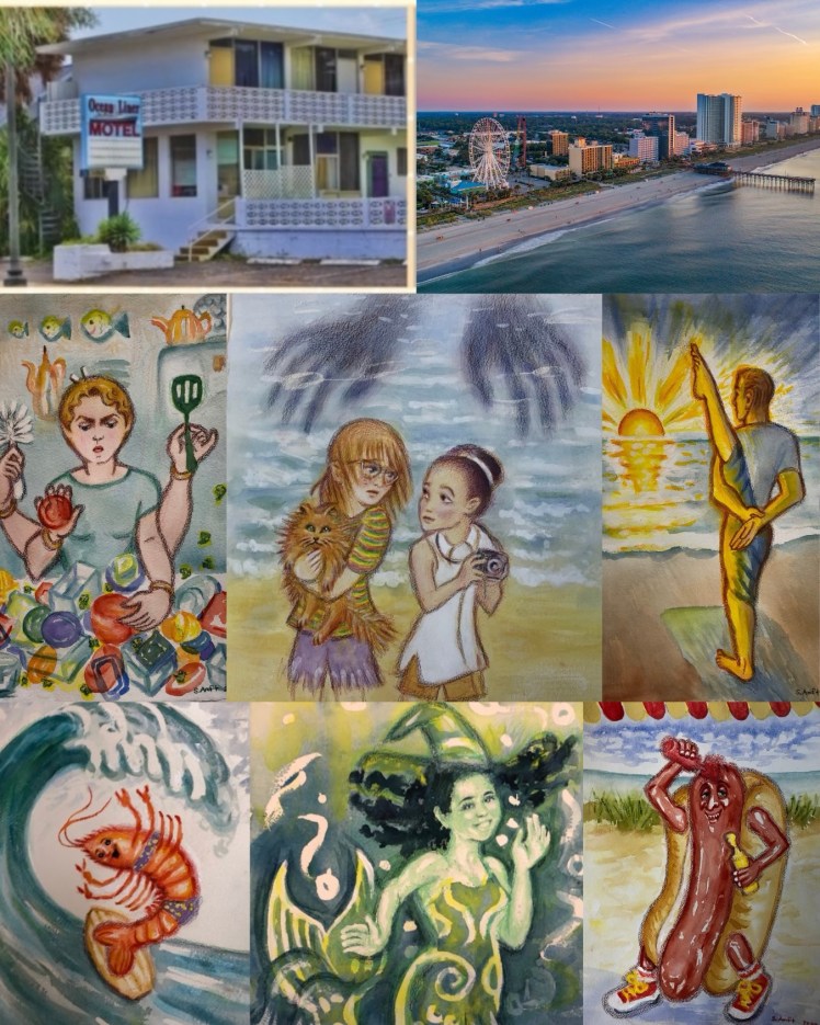 Book aesthetic with images of the beach, a small motel, and characters from the book